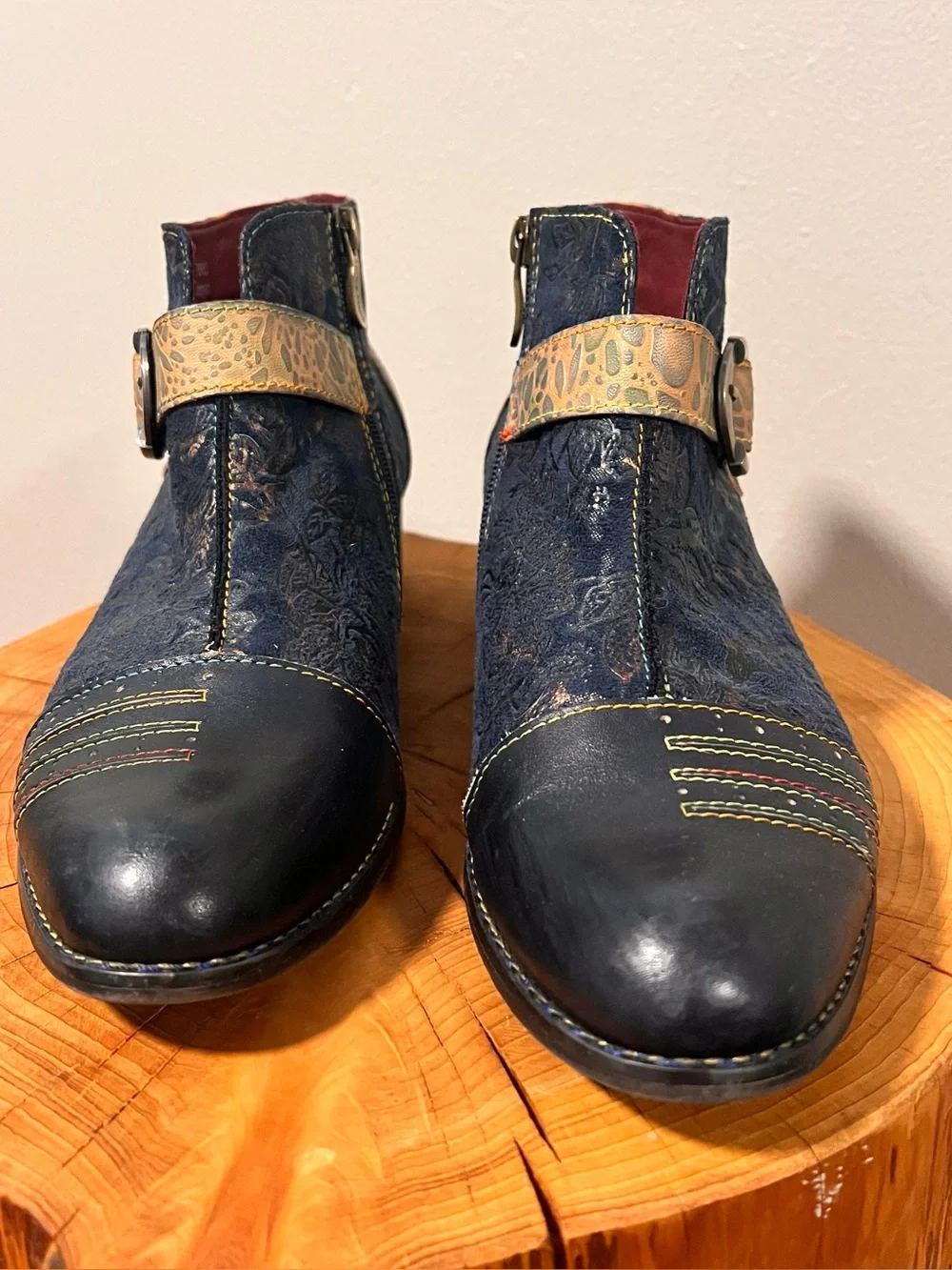 L'Artiste Georgiana Spring Step Navy Multi-color Hand-painted Leather Boots 42